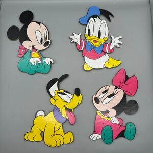 Vintage 1980s Disney Baby Nursery Wall Decor Mickey Minnie Donald Pluto wooden